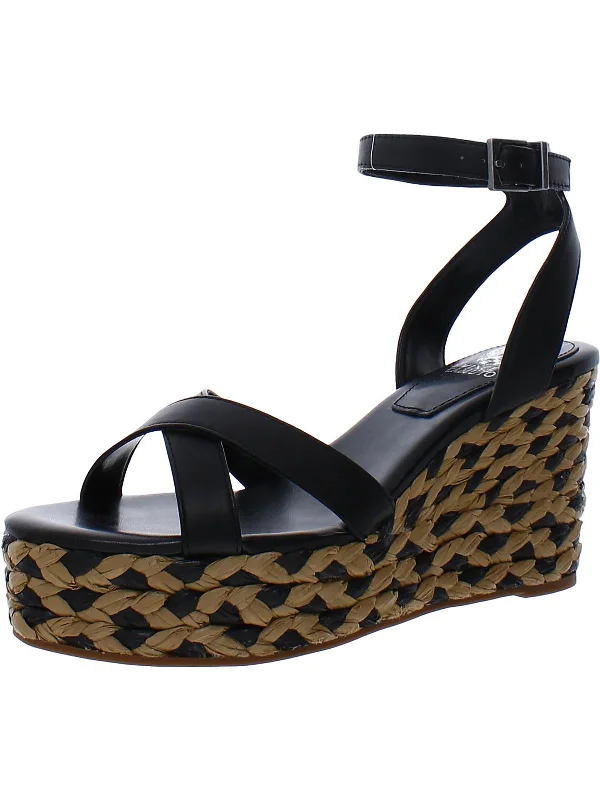 Fettana Womens Leather Criss-Cross Wedge Sandals