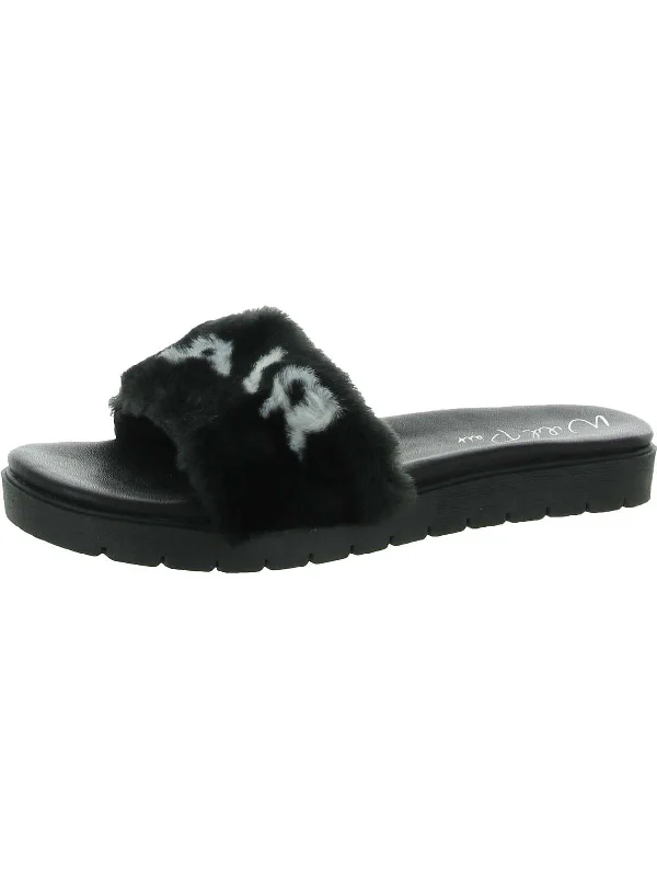 Jeleen Womens Faux Fur Slip On Pool Slides