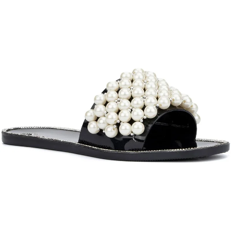 Olivia Miller Womens Omra  Embellished Square Toe Slide Sandals