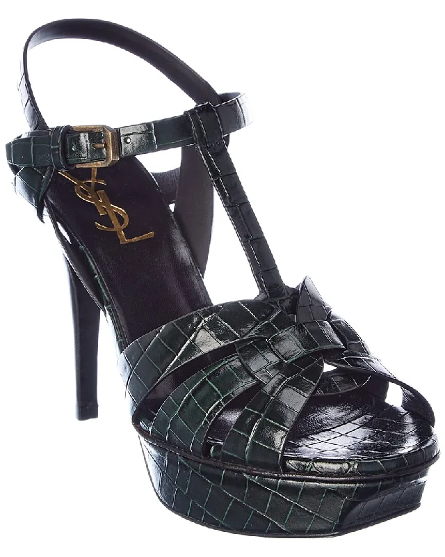 Saint Laurent Tribute 75 Croc-Embossed Leather Platform Sandal