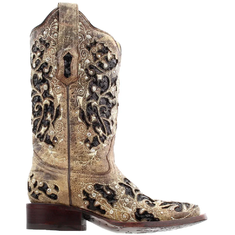 Affordable Shoe Fashion Sequined Tooled-Inlay Square Toe Cowboy Boots