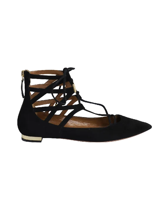 Women's Fashion Boots Aquazzura Belgravia Ankle Wrap Flats in Black Suede