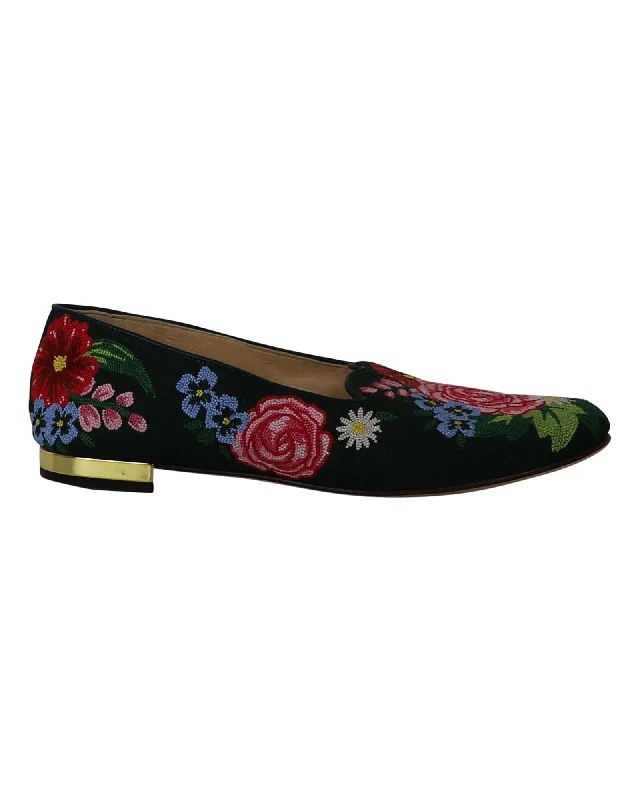 Playful Fashion Offers Charlotte Olympia Rose Garden Floral Embroidered Flats in Green Fabric