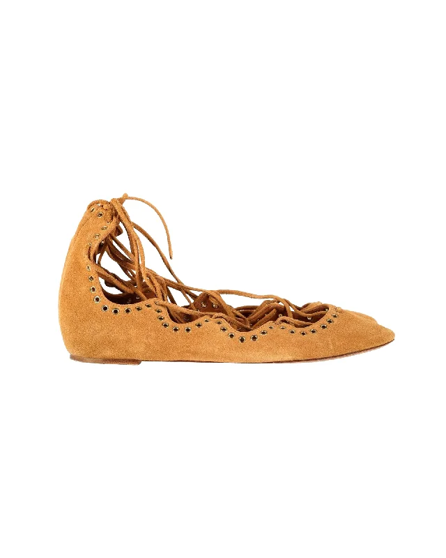 Chic And Edgy Isabel Marant Lace Up Ballet Flats in Camel Suede