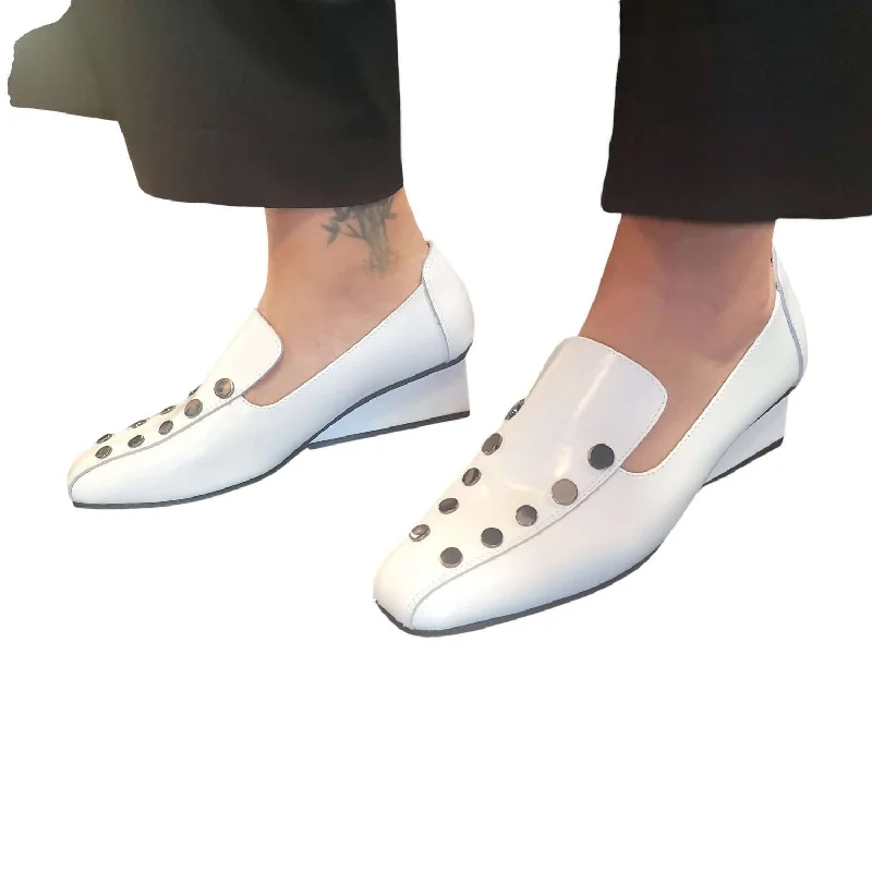 All-Day Comfort Shoes Women's Square Stud Wedge Loafer In White