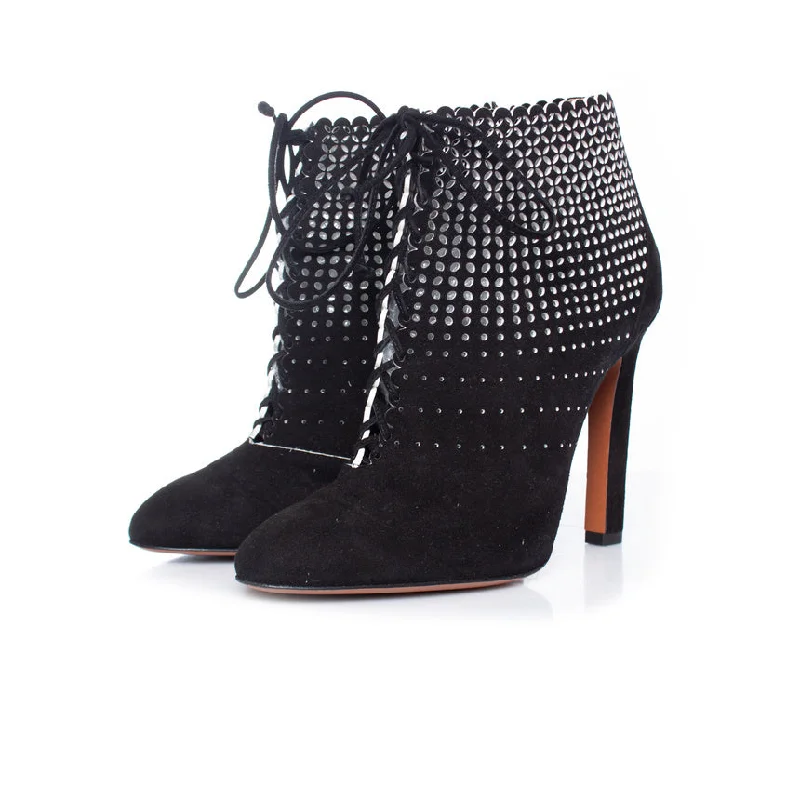 Black suede laser-cut lace-up boots