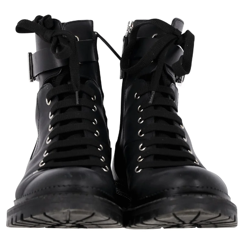 Boss Buckled Combat Boots in Black Leather