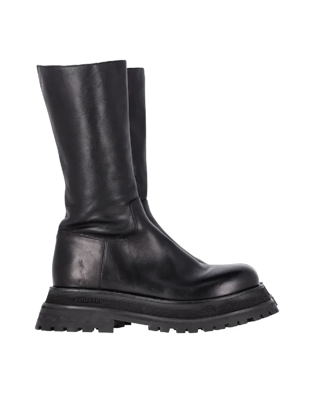 Burberry Jeffy Flatform Chunky Sole Boots in Black Leather