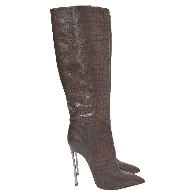 Casadei Croc-Embossed Knee High Boots in Brown Leather