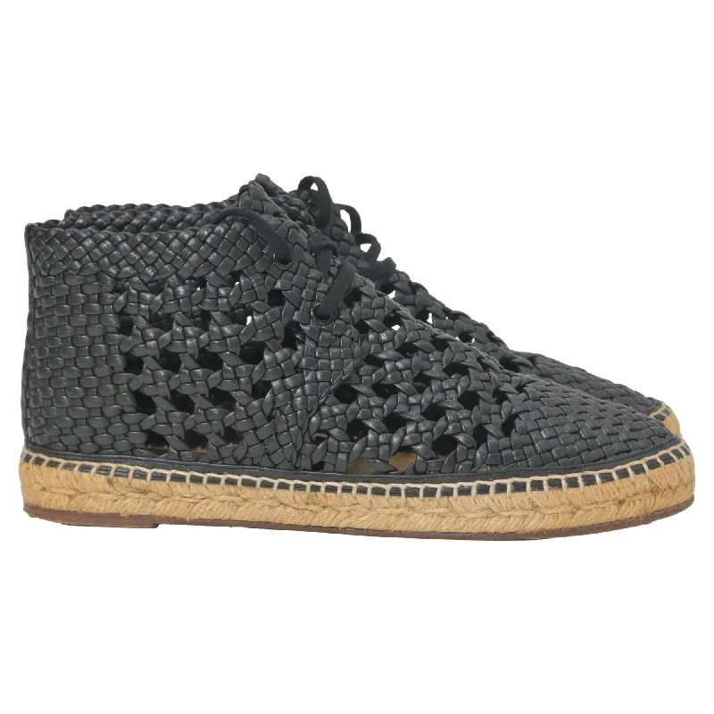 Celine Black Woven Espadrille Lace-Up Boots in Black Leather