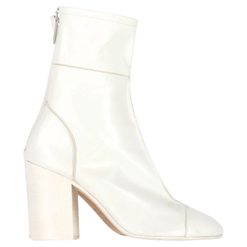 Chanel CC Low Heel Ankle Boots in White Leather