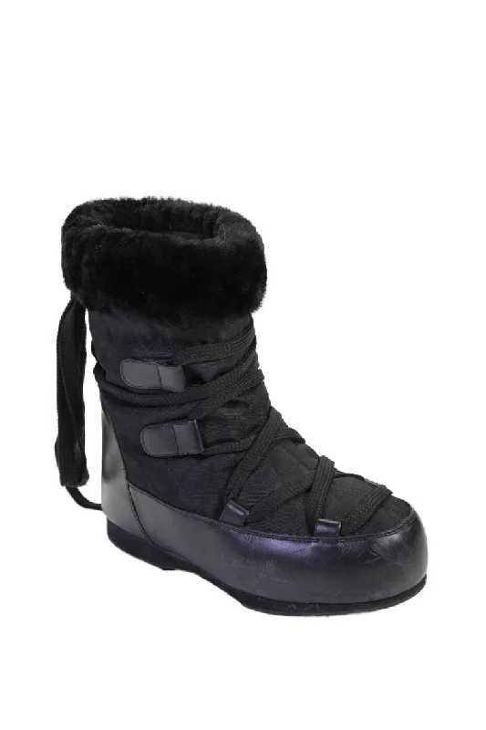 Chanel Womens Fur Lined Lace-Up Round Toe Platform Snow Boots Black