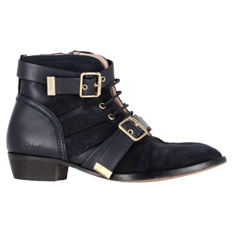 Chloé Buckled and Lace-Up Detail Ankle Boots in Black Suede