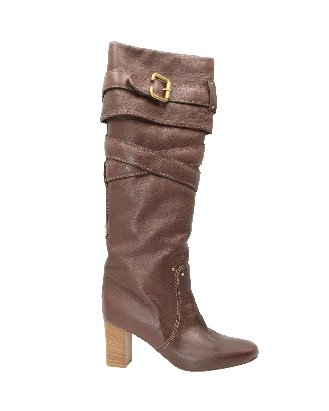 Chloe Paddington Knee Boots in Brown Leather