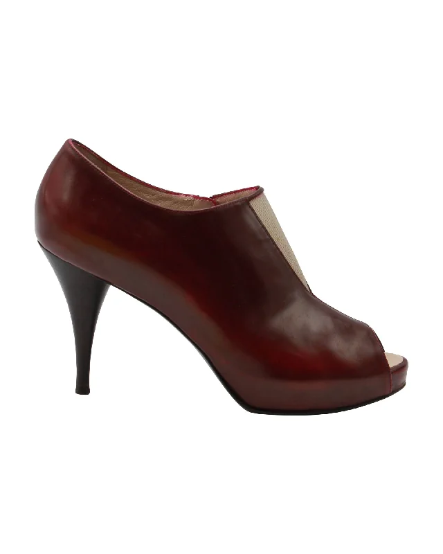 Fendi Cut-Out Peep-Toe Ankle Boots in Burgundy Leather