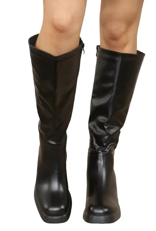 Gogo Pu Knee Heeled Boot In Black