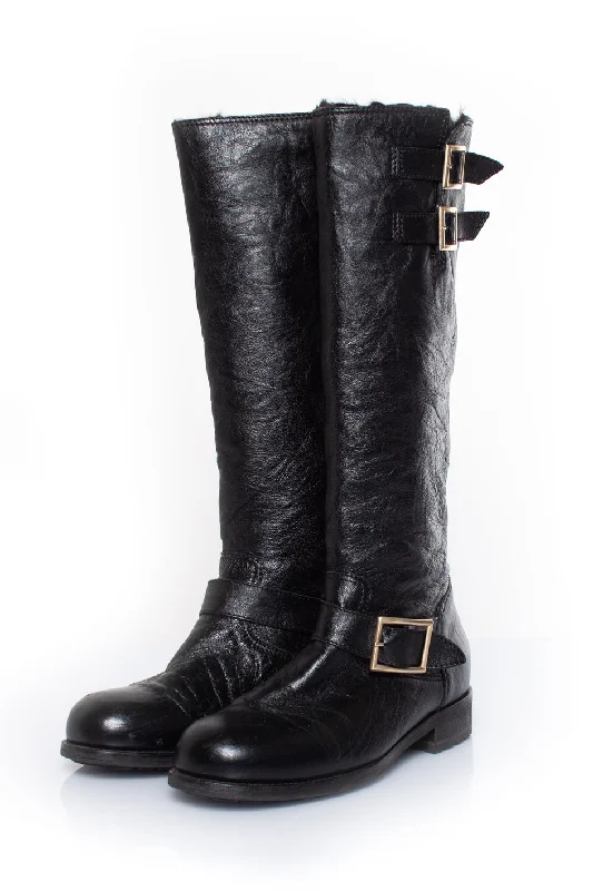 Grained leather biker boots