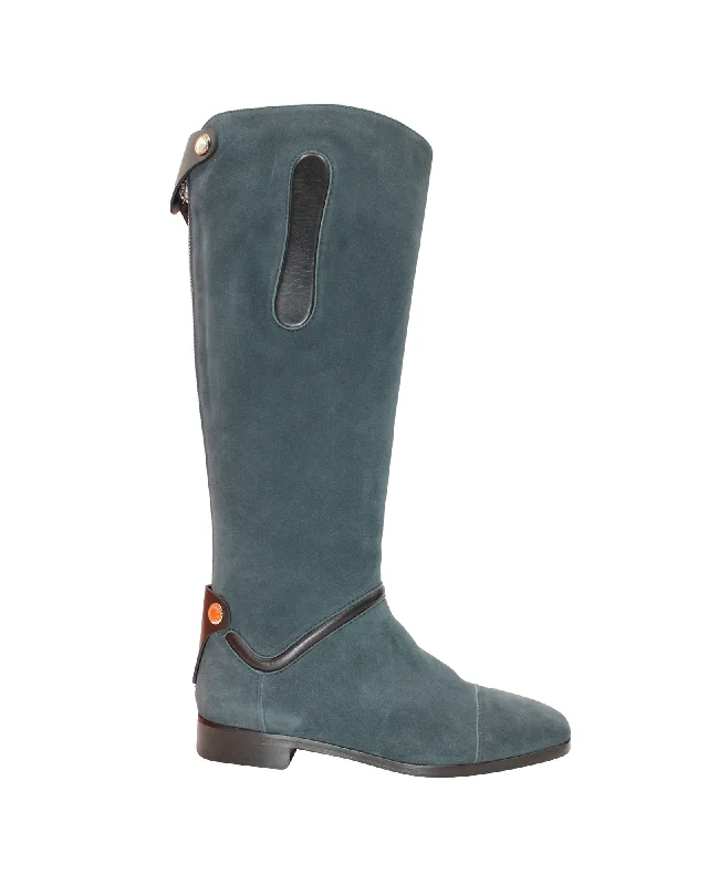 Hermes Knee-Length Boots in Blue Suede