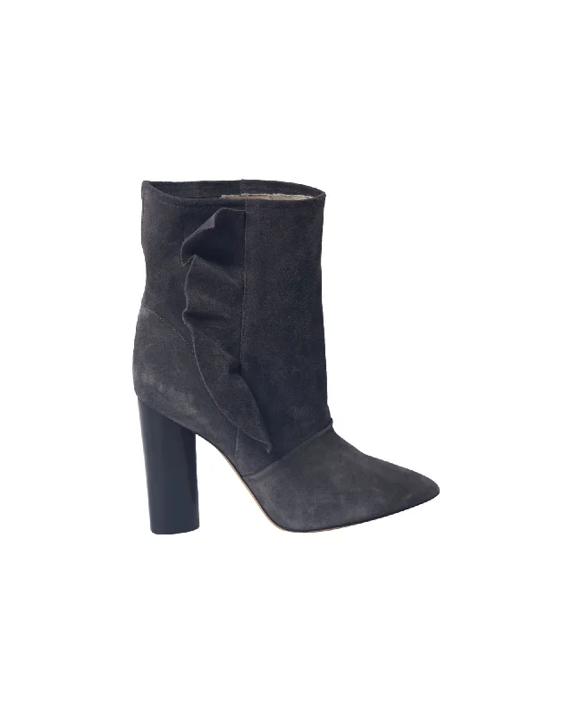 Iro Ruffle Trimmed Ankle Boots in Grey Suede