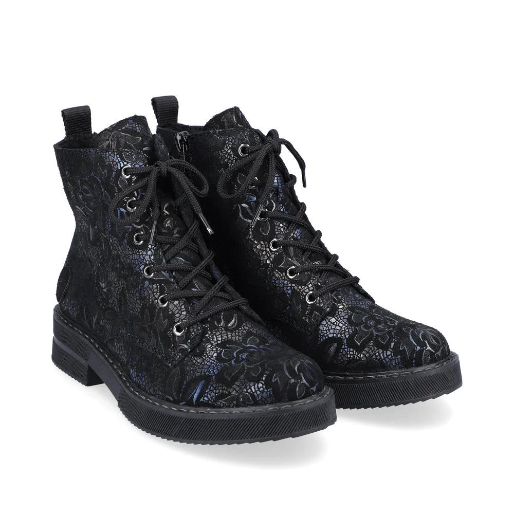 Lace & Side Zip Patterned Blue/Black Boot