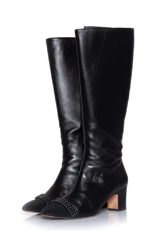 Leather coco mark pearl long boots