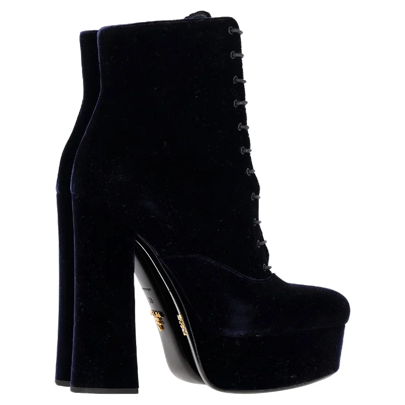 Prada Lace-Up Platform Boots in Navy Blue Velvet