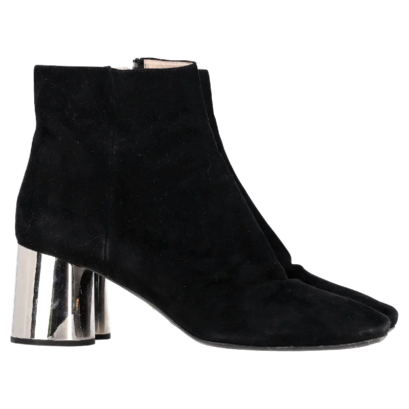 Prada Metallic Block Heel Ankle Boots in Black Suede