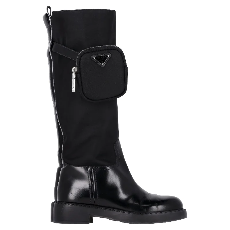 Prada Monolith Pouch Riding Boots in Black Nylon and Leather