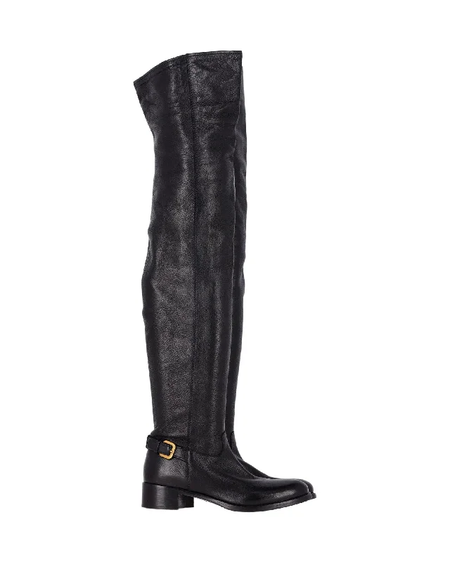 Prada Over-The-Knee Buckled Boots in Black Leather