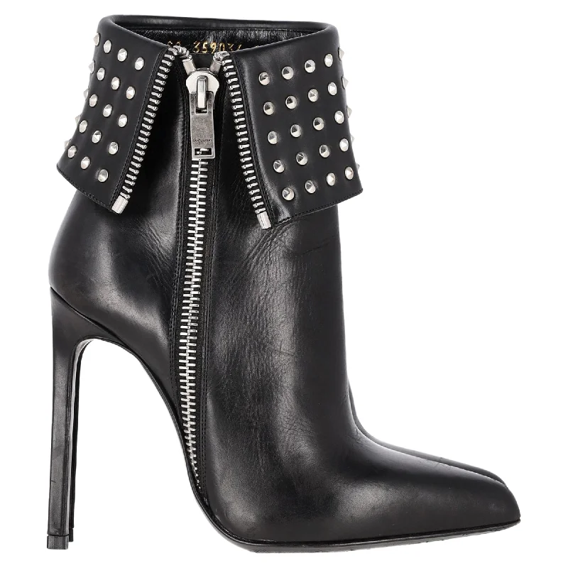 Saint Laurent Paris Fold Over Studded Booties in Black Leather