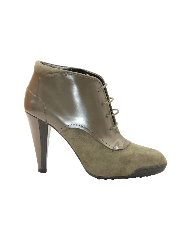 Tod's Lace-Up High Heel Boots in Olive Suede and Leather