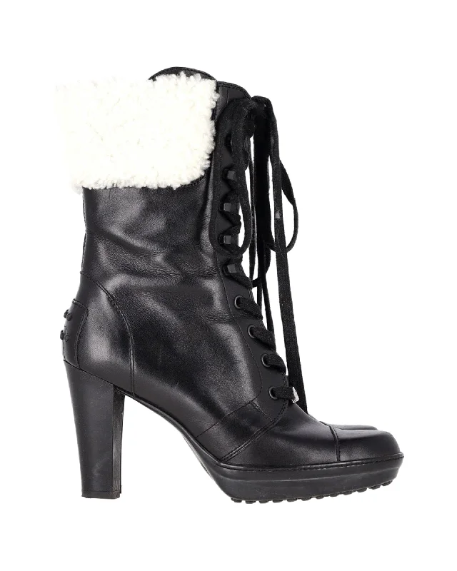 Tod's Shearling Lace-Up Heeled Boots in Black Leather