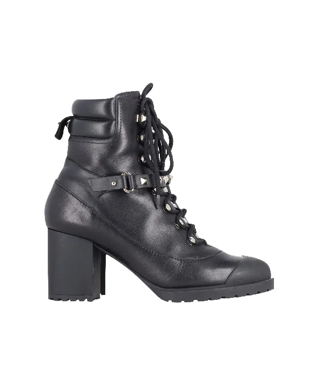 Valentino Garavani Studded Strap Combat Boots in Black Leather