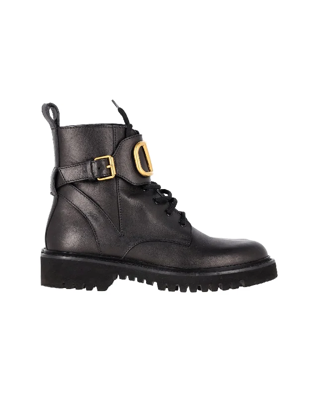 Valentino Garavani VLogo Combat Boots in Black Calfskin Leather