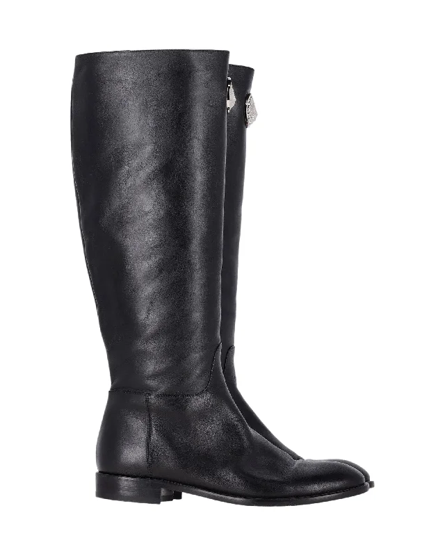 Versus Tiger Plaque Knee-High Flat Boots in Black Leather