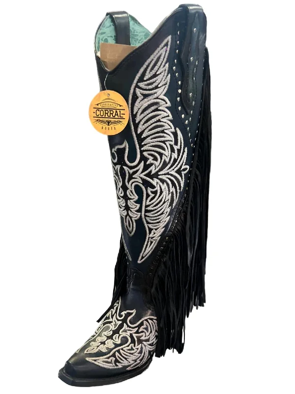 Women's Eagle Embroidery Studs Fringes Western Boot In Black