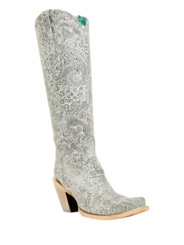 Women's Floral Embroidery Tall Boots In Silver