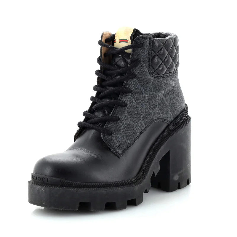 Women's Lace Up Heeled Ankle Boots GG Coated Canvas with Quilted Leather