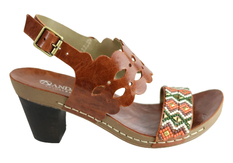 Spring Offer Andacco Moonshine Womens Leather Comfy Mid Heel Sandals Made In Brazil
