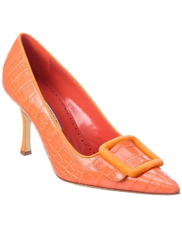 Fashion Forward Manolo Blahnik Maysale 90 Croc-Embossed Leather & Suede Pump