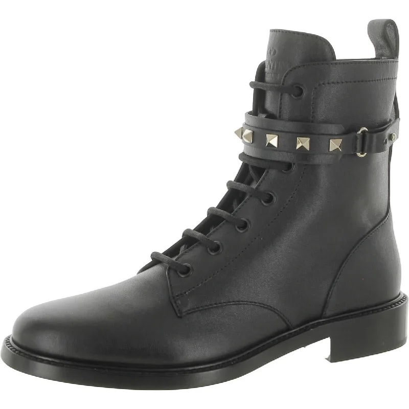 Seasonal Fashion Valentino Garavani Womens Leather Studded Combat & Lace-Up Boots