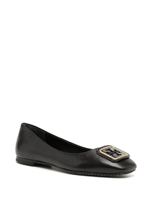 Tory Burch Women's Black Leather Georgia Square Toe Logo Flats Shoes