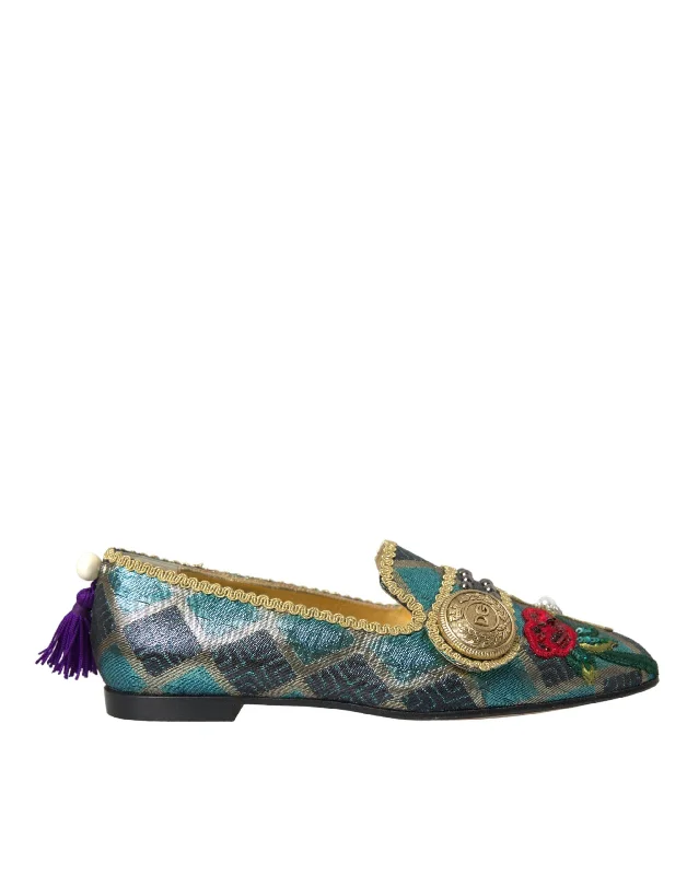 Dolce & Gabbana Multicolor Jacquard Embellished Loafers Women's Shoes