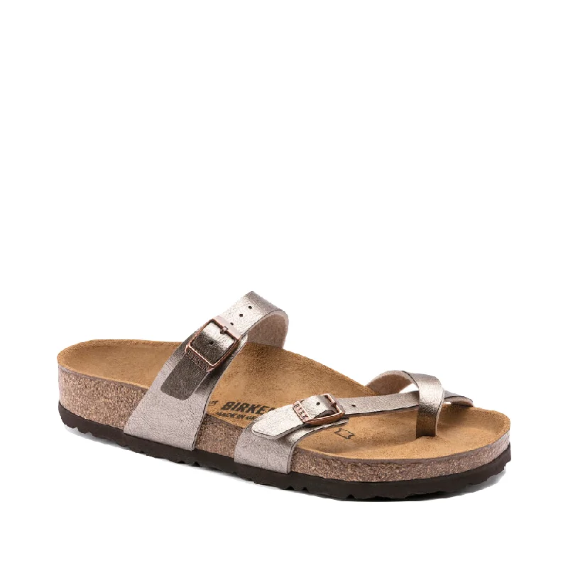Style Upgrade Birkenstock Women's Mayari Birko-Flor Toe Loop Sandal in Graceful Taupe Metallic