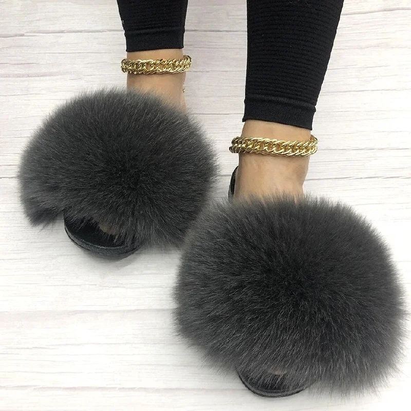 Effortless Style Shoes Sale Gray Summer Indoor Fox Big Fur Fluffy House Slippers for Women Effortless Style Shoes Sale Gray Summer Indoor Fox Big Fur Fluffy House Slippers for Women