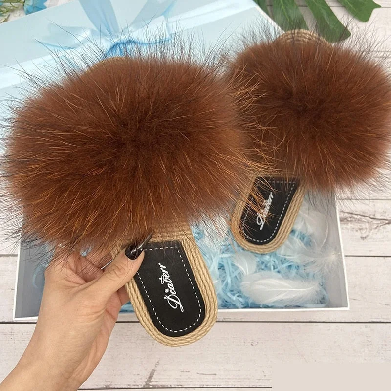 Crazy Discounts, Hurry Up Luxury Raccoon Natural Fox Fur Fluffy Flip Flop Flat Slippers for Women