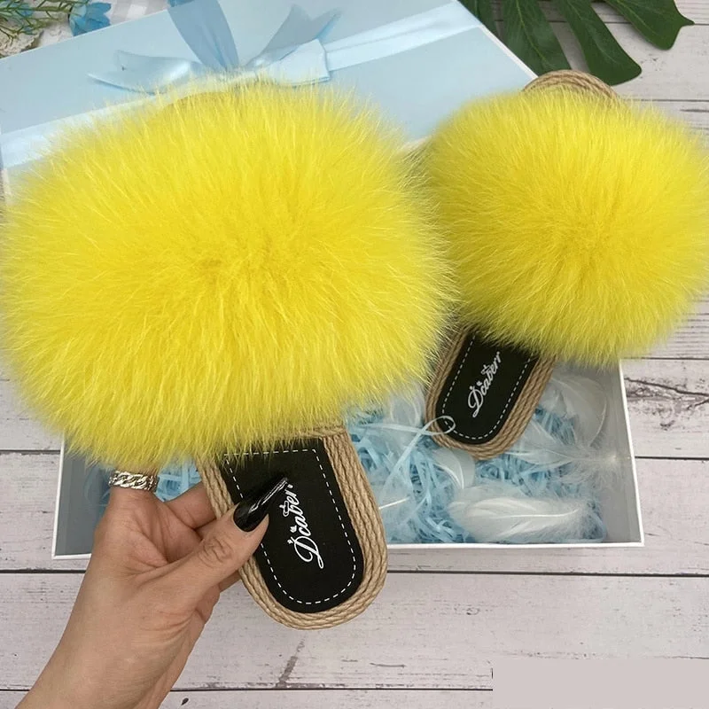 Fashion Forward Femininity Natural Fox Fluffy Fur Flip Flop Slide Flat House Slippers for Women Fashion Forward Femininity Natural Fox Fluffy Fur Flip Flop Slide Flat House Slippers for Women