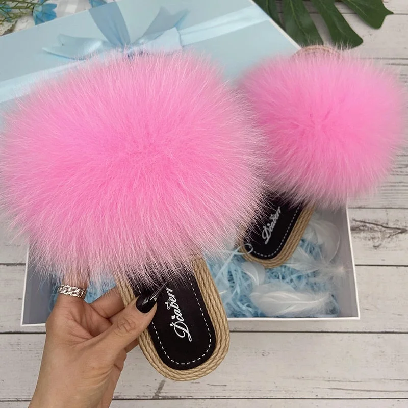 Trend Alert Pink Real Fur Synthetic Straw Natural Fox Flip Flop Sandals for Women