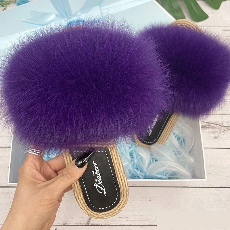 Stylish Basics Summer Natural Fox Fur Fluffy synthetic Straw Flat Indoor Slippers for Women Stylish Basics Summer Natural Fox Fur Fluffy synthetic Straw Flat Indoor Slippers for Women