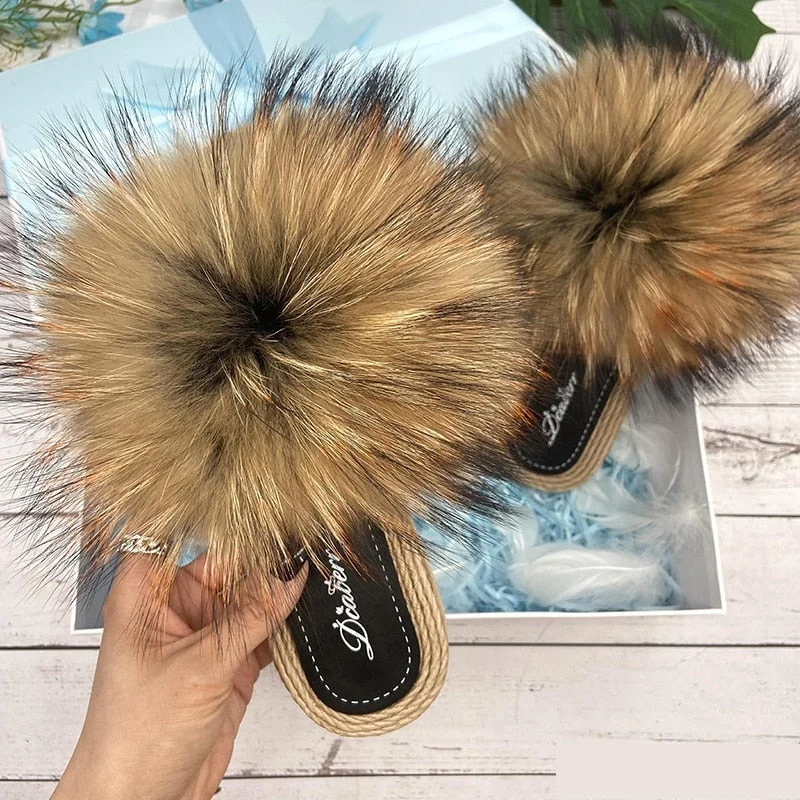 Trend Leading Collection Summer Natural Raccoon Fur Fluffy Flip Flop Indoor Slippers for Women Trend Leading Collection Summer Natural Raccoon Fur Fluffy Flip Flop Indoor Slippers for Women